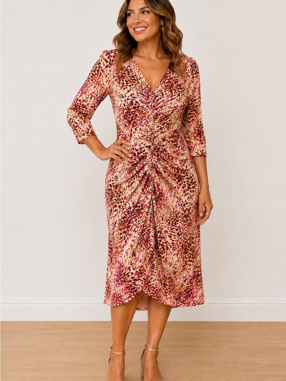 Express Pink and Cream Ruched Animal-Print Midi Dress